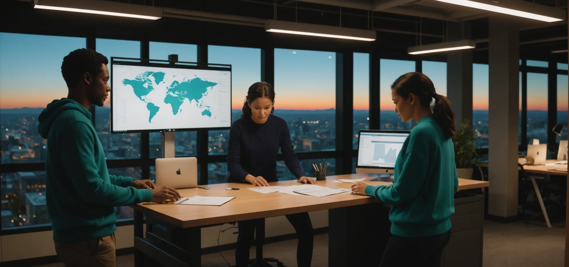 Two people engaged in a technical discussion at a workstation, with code and credential management interfaces visible